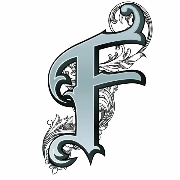 Beyaz arkaplanda izole edilmiş dekorasyonlu büyük harf vektör illüstrasyonu.Barok süslemeli zarif antik harf F. Baş harfler, logolar, amblemler için zarif siyah harfler.