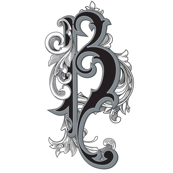 Beyaz arka planda izole edilmiş büyük harfli dekorasyonun vektör çizimi. Barok süslemeli zarif antik harf B. Baş harfler, logolar, amblemler için zarif siyah harfler.