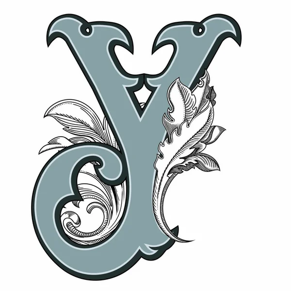 Beyaz arka planda izole edilmiş büyük harfli dekorasyonun vektör çizimi. Zarif, barok süslemeli antik Y harfi. Baş harfler, logolar, amblemler için zarif siyah harfler.