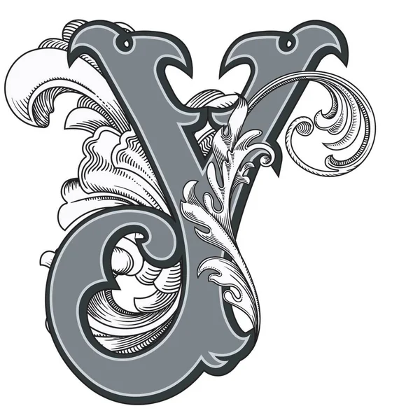 Beyaz arka planda izole edilmiş büyük harfli dekorasyonun vektör çizimi. Zarif, barok süslemeli antik Y harfi. Baş harfler, logolar, amblemler için zarif siyah harfler.