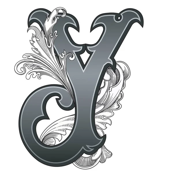 Beyaz arka planda izole edilmiş büyük harfli dekorasyonun vektör çizimi. Zarif, barok süslemeli antik Y harfi. Baş harfler, logolar, amblemler için zarif siyah harfler.