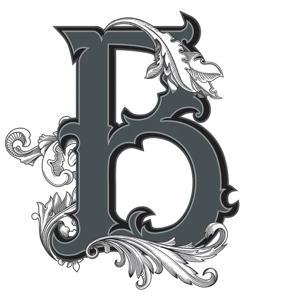 Beyaz arka planda izole edilmiş büyük harfli dekorasyonun vektör çizimi. Barok süslemeli zarif antik harf B. Baş harfler, logolar, amblemler için zarif siyah harfler.