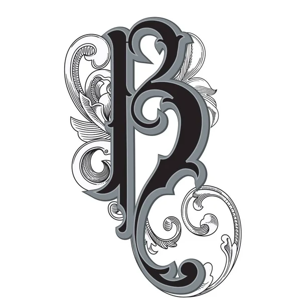 Beyaz arka planda izole edilmiş büyük harfli dekorasyonun vektör çizimi. Barok süslemeli zarif antik harf B. Baş harfler, logolar, amblemler için zarif siyah harfler.