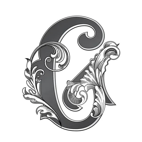 白を基調とした装飾が施された大文字のベクトルイラスト バロック調の装飾が施されたエレガントなアンティークレターC モノグラム エンブレムを使用するエレガントな黒の大文字 — ストックベクタ