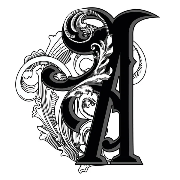 白を基調とした装飾が施された大文字のベクトルイラスト バロック調の装飾が施されたエレガントなアンティークレターA モノグラム エンブレムを使用するエレガントな黒の大文字 — ストックベクタ