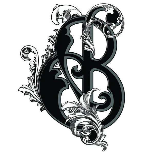 Beyaz arka planda izole edilmiş büyük harfli dekorasyonun vektör çizimi. Barok süslemeli zarif antik harf B. Baş harfler, logolar, amblemler için zarif siyah harfler.