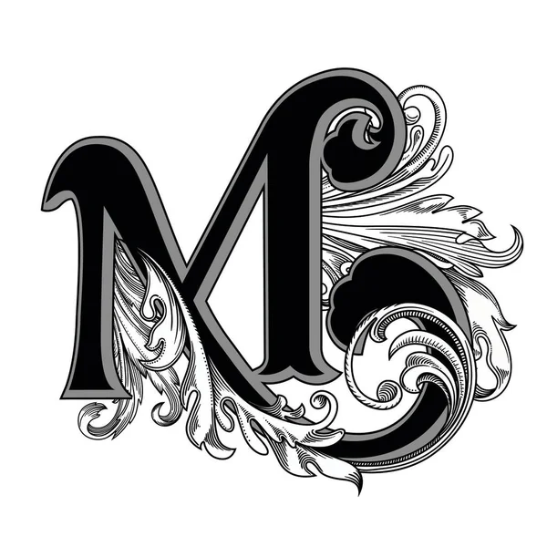 Beyaz arka planda izole edilmiş büyük harfli dekorasyonun vektör çizimi. Barok süslemeli zarif antik harf M. Baş harfler, logolar, amblemler için zarif siyah harfler.