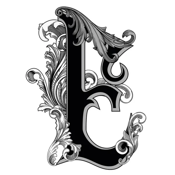 白い背景に孤立した装飾と大文字のベクトルイラスト バロック様式の装飾が施されたエレガントなアンティークの手紙 モノグラム エンブレムを使用するエレガントな黒の大文字 — ストックベクタ