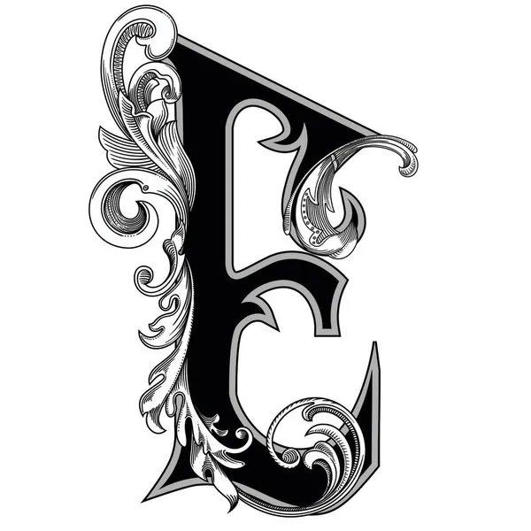 白い背景に孤立した装飾と大文字のベクトルイラスト バロック様式の装飾が施されたエレガントなアンティークの手紙 モノグラム エンブレムを使用するエレガントな黒の大文字 — ストックベクタ