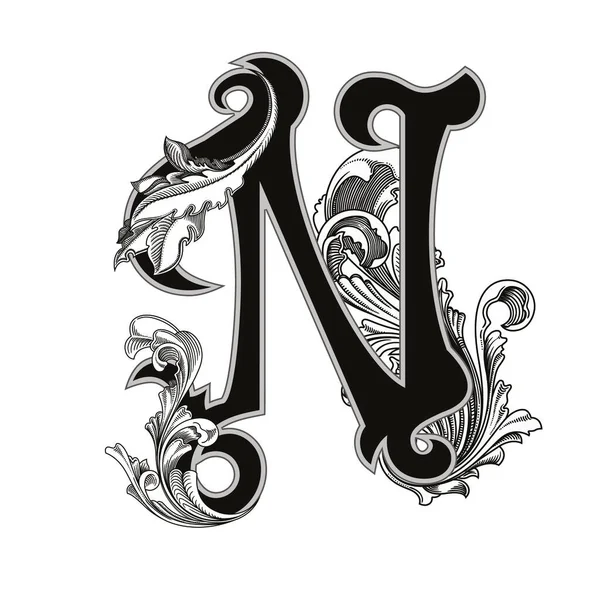 Beyaz arka planda izole edilmiş dekorasyonlu büyük harflerin vektör illüstrasyonu. Barok süslemeli zarif antika harf N. Baş harfler, logolar, amblemler için zarif siyah harfler.