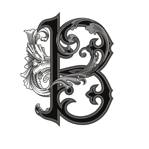 Beyaz arka planda izole edilmiş büyük harfli dekorasyonun vektör çizimi. Barok süslemeli zarif antik harf B. Baş harfler, logolar, amblemler için zarif siyah harfler.