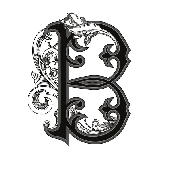 Beyaz arka planda izole edilmiş büyük harfli dekorasyonun vektör çizimi. Barok süslemeli zarif antik harf B. Baş harfler, logolar, amblemler için zarif siyah harfler.