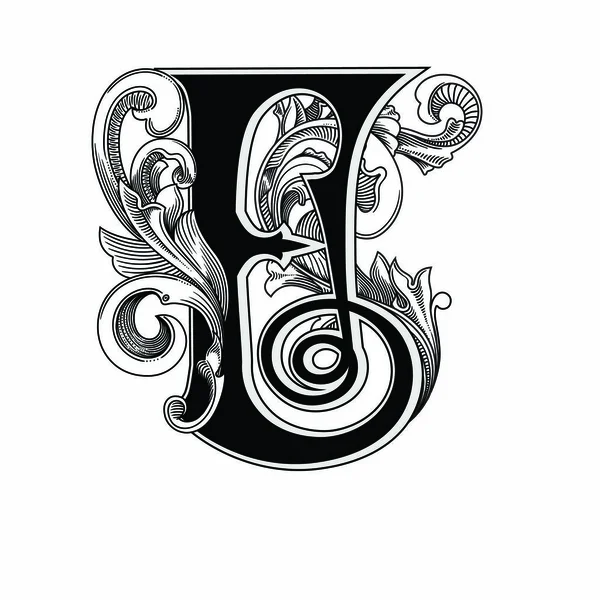 Beyaz arka planda izole edilmiş dekorasyonlu büyük harflerin vektör çizimi. Zarif antika harf ve barok süslemeler. Baş harfler, logolar, amblemler için zarif siyah harfler.