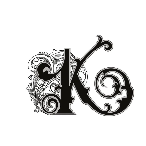 带有白色背景装饰的大写字母的矢量图解 精美的带有巴洛克装饰的古字母K 优雅的黑色大写字母 用单字 — 图库矢量图片