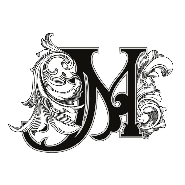 Beyaz arka planda izole edilmiş büyük harfli dekorasyonun vektör çizimi. Barok süslemeli zarif antik harf M. Baş harfler, logolar, amblemler için zarif siyah harfler.