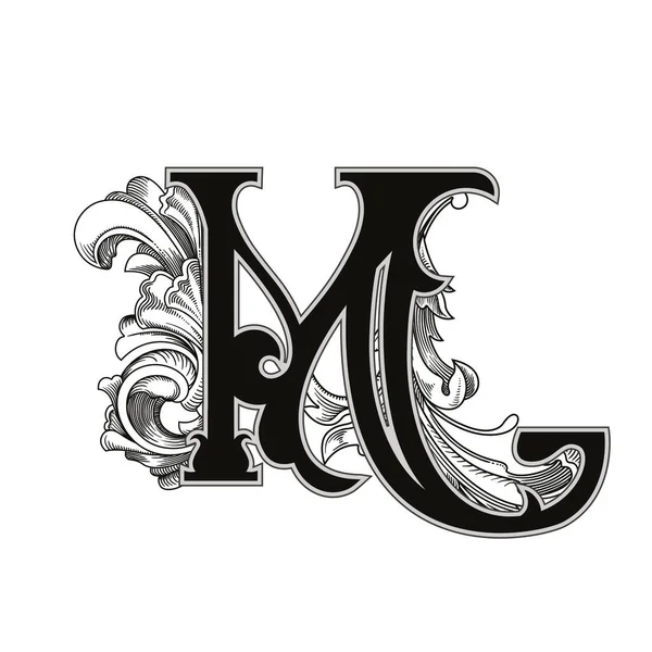 Beyaz arka planda izole edilmiş büyük harfli dekorasyonun vektör çizimi. Barok süslemeli zarif antik harf M. Baş harfler, logolar, amblemler için zarif siyah harfler.