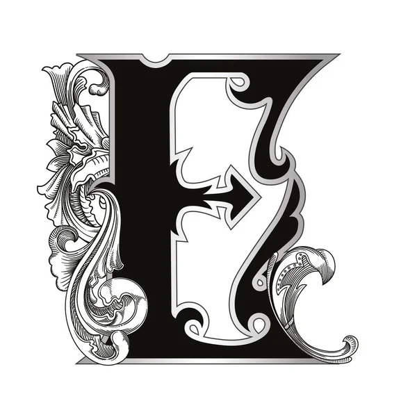 Beyaz arka planda izole edilmiş dekorasyonlu büyük harflerin vektör çizimi. Zarif antika harf ve barok süslemeler. Baş harfler, logolar, amblemler için zarif siyah harfler.