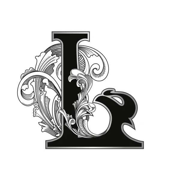 Beyaz arkaplanda izole edilmiş dekorasyonlu büyük harf vektör illüstrasyonu. Zarif, barok süslemeli antik harf L. Baş harfler, logolar, amblemler için zarif siyah harfler.