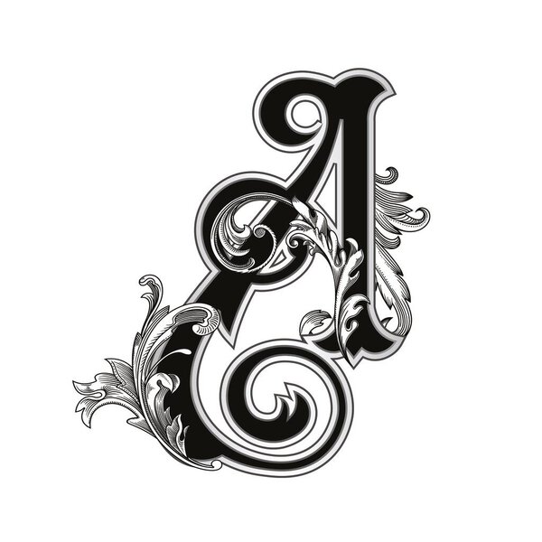 Векторная иллюстрация прописной буквы с отделкой на белом фоне. Элегантное антикварное письмо А с барочным орнаментом. Элегантная черная заглавная буква для использования монограмм, логотипов, эмблем