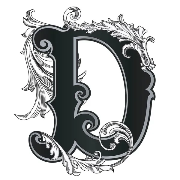 白を基調とした装飾が施された大文字のベクトルイラスト バロック調の装飾が施されたエレガントなアンティークレターD モノグラム エンブレムを使用するエレガントな黒の大文字 — ストックベクタ