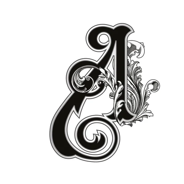 白を基調とした装飾が施された大文字のベクトルイラスト バロック調の装飾が施されたエレガントなアンティークレターA モノグラム エンブレムを使用するエレガントな黒の大文字 — ストックベクタ