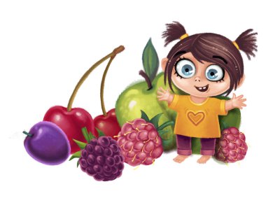 Elle çizilmiş, vitamin meyveli büyük gözlü gülümseyen kız. Erik, kiraz, elma, böğürtlen, ahududu. Renkli kalem çizimi çocuk çizimi