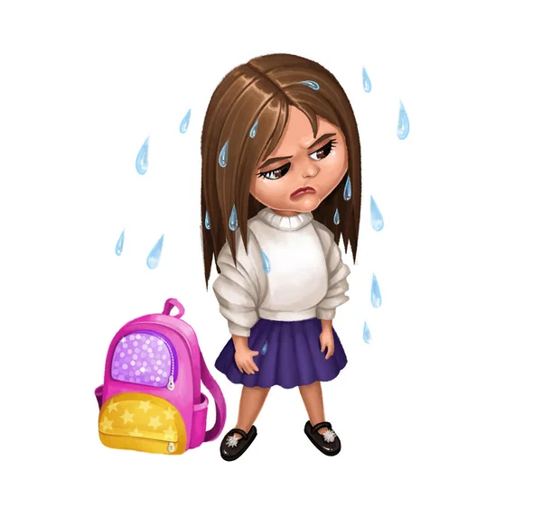 Das Traurige Kleine Mädchen Bleibt Mit Einem Rucksack Zurück Und — Stockfoto