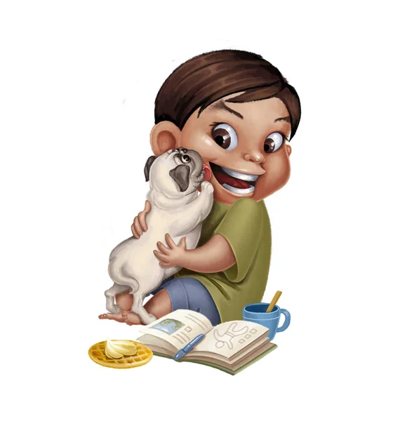 家のペットと子供のキャラクター 陽気な漫画の少年は 豚と肯定的な弟子と座っている 兄弟姉妹 手描き子供イラスト白地に孤立 — ストック写真