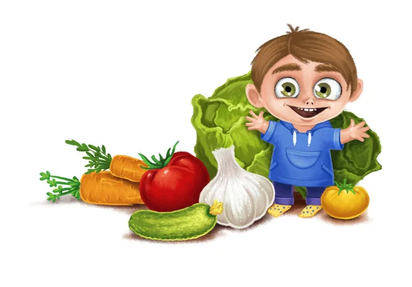 小可爱的笑脸男孩与蔬菜 阳性儿童和维生素植物大蒜 胡萝卜 西红柿 卷心菜 — 图库照片