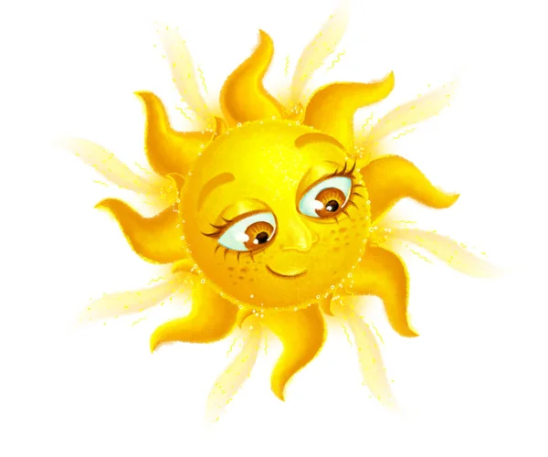 Cheerful Sun Character Eyes Clouds Isolated White Background Children Detailed — Stock Photo, Image