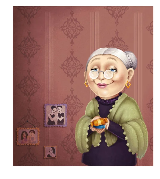 Cheerful old woman with grey hair hold candies in hands. Grandmother character in glasses. Children  colorful hand drawn illustration. Vintage wallpaper and photos on it.