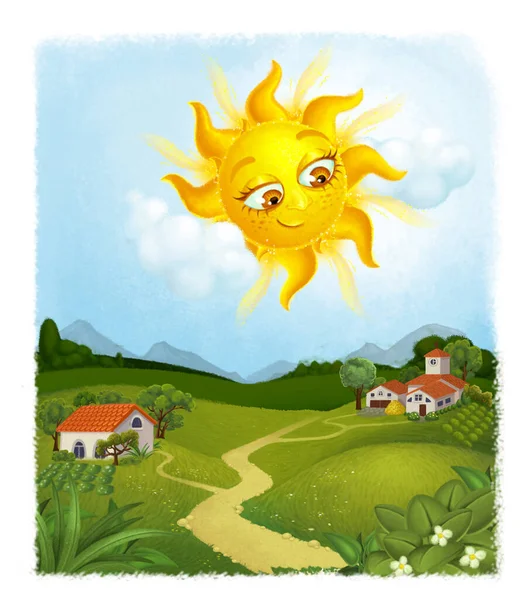 Sonniger Tag Dorf Bunte Zeichentrick Kinderillustration Mit Grünem Gras Häusern — Stockfoto