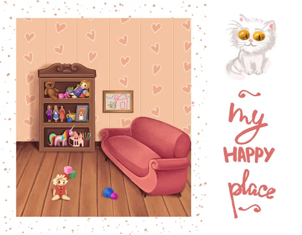 Kinderkamer Met Verschillende Kleurrijke Speeltjes Handgetekend Potlood Gestileerde Kinderen Illustratie — Stockfoto