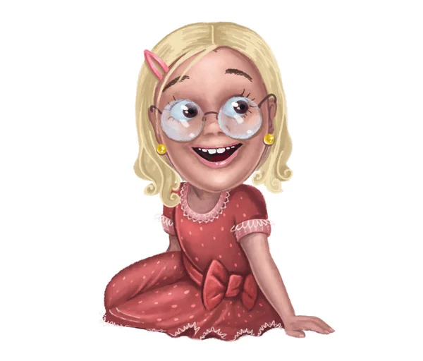 眼鏡を探して笑顔でブロンドの髪を持つ積極的な美しい陽気な女の子 手書きの鉛筆型の子供のイラスト — ストック写真