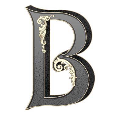 Süslemeleri beyaz arkaplanda izole edilmiş büyük harf vektör illüstrasyonu. Barok süslemeli antik harf B. Baş harfler, logolar, amblemler için zarif siyah harfler.