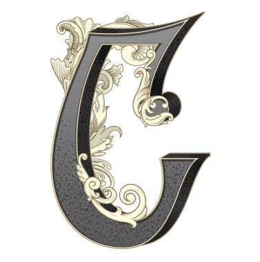 Süslemeleri beyaz arkaplanda izole edilmiş büyük harf vektör illüstrasyonu. Barok süslemeli antik C harfi. Baş harfler, logolar, amblemler için zarif siyah harfler.