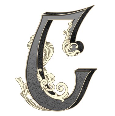 Süslemeleri beyaz arkaplanda izole edilmiş büyük harf vektör illüstrasyonu. Barok süslemeli antik C harfi. Baş harfler, logolar, amblemler için zarif siyah harfler.