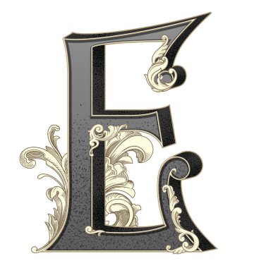 Süslemeleri beyaz arkaplanda izole edilmiş büyük harf vektör illüstrasyonu. Barok süslemeli antik E harfi. Baş harfler, logolar, amblemler için zarif siyah harfler.