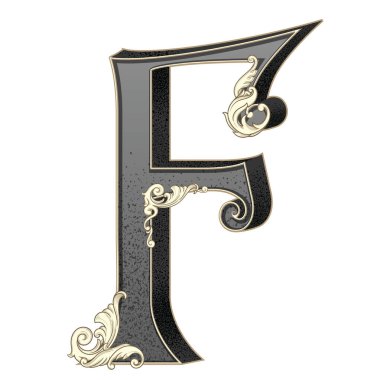 Süslemeleri beyaz arkaplanda izole edilmiş büyük harf vektör illüstrasyonu. Barok süslemeli antik F harfi. Baş harfler, logolar, amblemler için zarif siyah harfler.