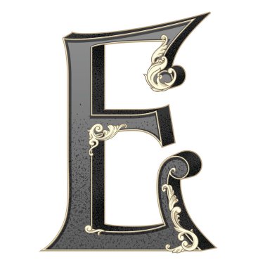Süslemeleri beyaz arkaplanda izole edilmiş büyük harf vektör illüstrasyonu. Barok süslemeli antik E harfi. Baş harfler, logolar, amblemler için zarif siyah harfler.