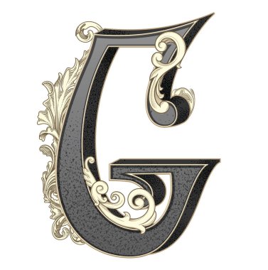 Süslemeleri beyaz arkaplanda izole edilmiş büyük harf vektör illüstrasyonu. Barok süslemeli antik G harfi. Baş harfler, logolar, amblemler için zarif siyah harfler.