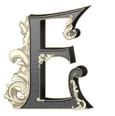 Süslemeleri beyaz arkaplanda izole edilmiş büyük harf vektör illüstrasyonu. Barok süslemeli antik E harfi. Baş harfler, logolar, amblemler için zarif siyah harfler.