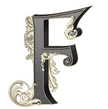 Süslemeleri beyaz arkaplanda izole edilmiş büyük harf vektör illüstrasyonu. Barok süslemeli antik F harfi. Baş harfler, logolar, amblemler için zarif siyah harfler.