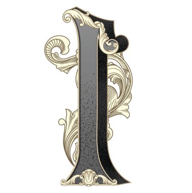 Süslemeleri beyaz arkaplanda izole edilmiş büyük harf vektör illüstrasyonu. Barok süslemeli Antik Mektup I. Baş harfler, logolar, amblemler için zarif siyah harfler.