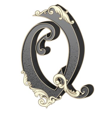 Süslemeleri beyaz arkaplanda izole edilmiş büyük harf vektör illüstrasyonu. Barok süslemeli antik harf Q. Baş harfler, logolar, amblemler için zarif siyah harfler.