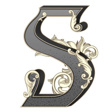 Süslemeleri beyaz arkaplanda izole edilmiş büyük harf vektör illüstrasyonu. Barok süslemeli antik S harfi. Baş harfler, logolar, amblemler için zarif siyah harfler.