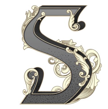 Süslemeleri beyaz arkaplanda izole edilmiş büyük harf vektör illüstrasyonu. Barok süslemeli antik S harfi. Baş harfler, logolar, amblemler için zarif siyah harfler.