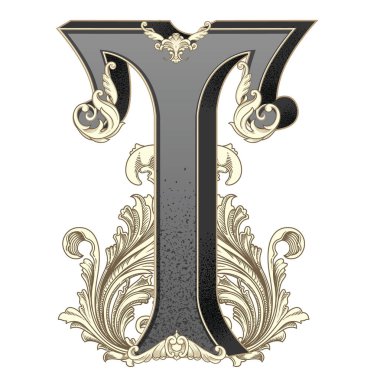 Süslemeleri beyaz arkaplanda izole edilmiş büyük harf vektör illüstrasyonu. Barok süslemeli antik harf T. Baş harfler, logolar, amblemler için zarif siyah harfler.