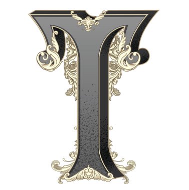 Süslemeleri beyaz arkaplanda izole edilmiş büyük harf vektör illüstrasyonu. Barok süslemeli antik harf T. Baş harfler, logolar, amblemler için zarif siyah harfler.