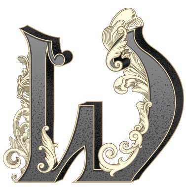 Süslemeleri beyaz arkaplanda izole edilmiş büyük harf vektör illüstrasyonu. Barok süslemeli antik harf W. Baş harfler, logolar, amblemler için zarif siyah harfler.